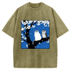 Cat And Owl Under Sakura Vintage Washed T-shirt