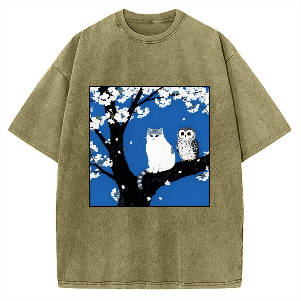 Cat And Owl Under Sakura Vintage Washed T-shirt