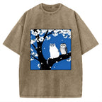 Cat And Owl Under Sakura Vintage Washed T-shirt