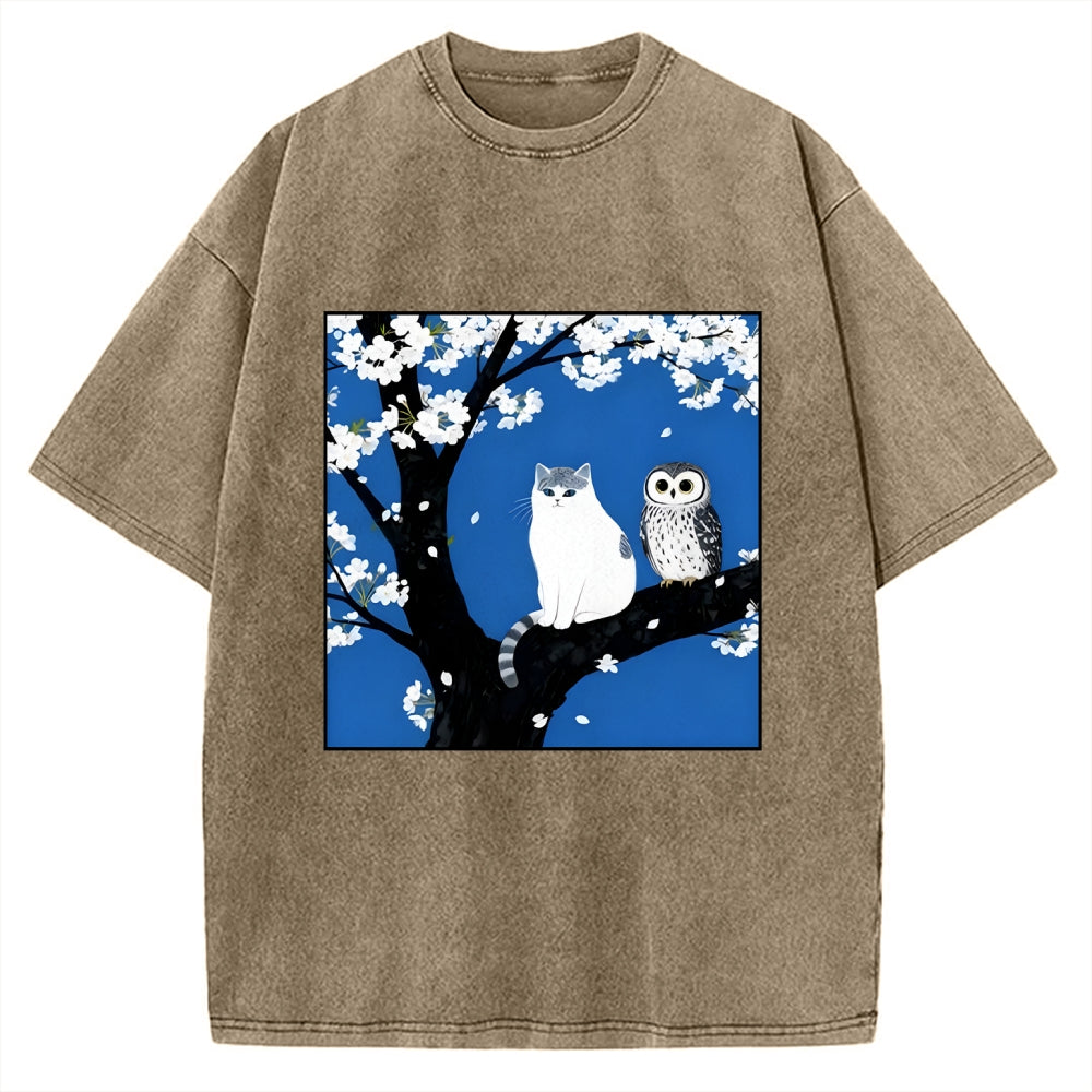 Cat And Owl Under Sakura Vintage Washed T-shirt