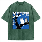 Cat And Owl Under Sakura Vintage Washed T-shirt