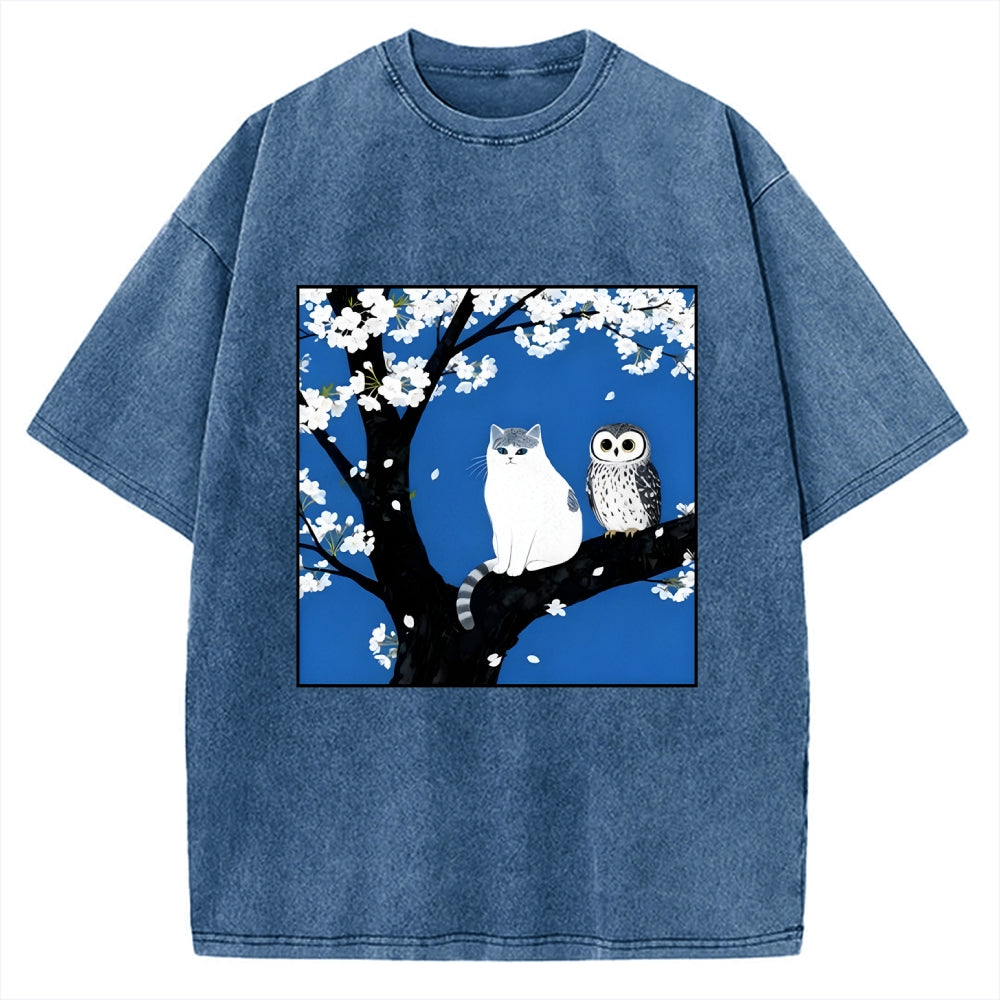 Cat And Owl Under Sakura Vintage Washed T-shirt