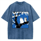Cat And Owl Under Sakura Vintage Washed T-shirt