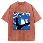 Cat And Owl Under Sakura Vintage Washed T-shirt