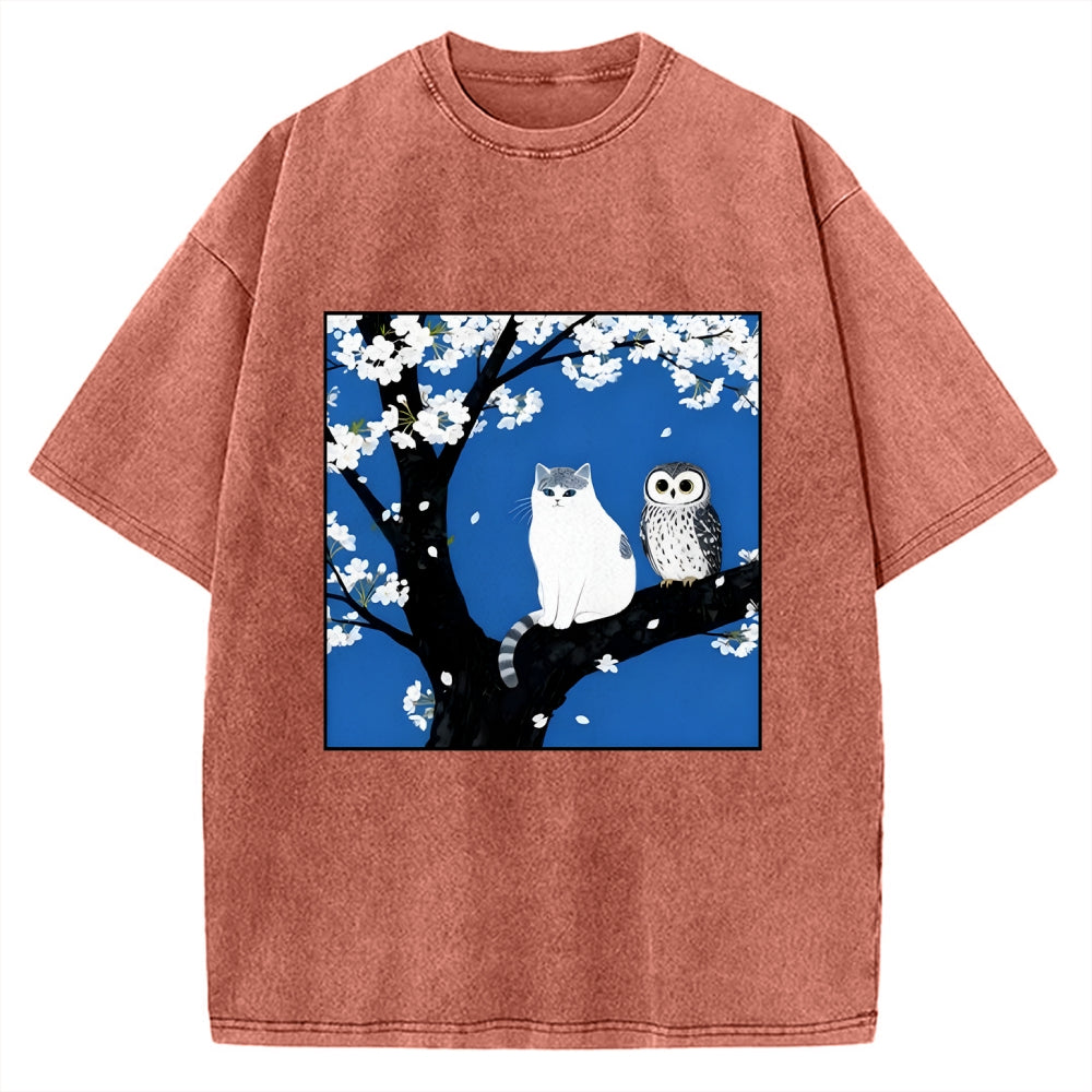 Cat And Owl Under Sakura Vintage Washed T-shirt