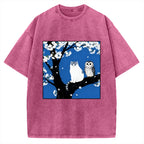 Cat And Owl Under Sakura Vintage Washed T-shirt