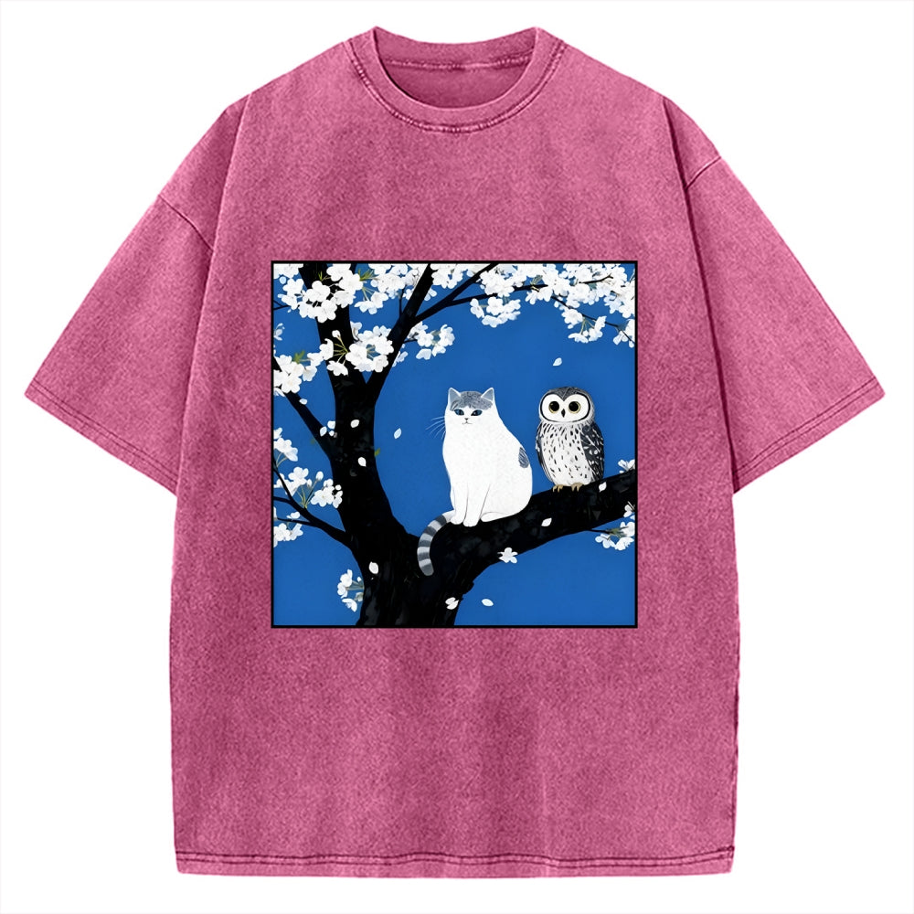 Cat And Owl Under Sakura Vintage Washed T-shirt