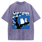 Cat And Owl Under Sakura Vintage Washed T-shirt