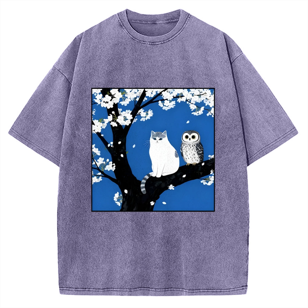 Cat And Owl Under Sakura Vintage Washed T-shirt