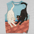 Unisex Black And White Cat Printed Tank Top