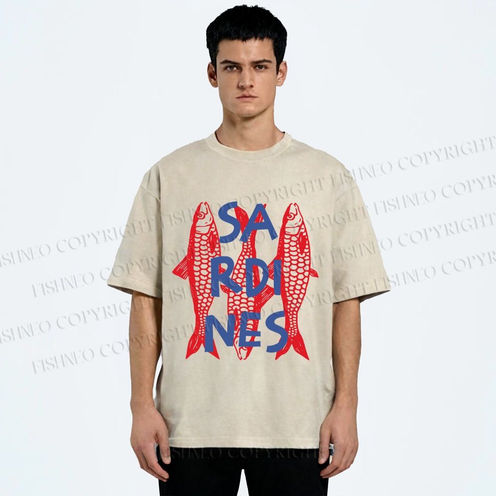 Unisex Vibrant Red Sardines Printed Washed Tee