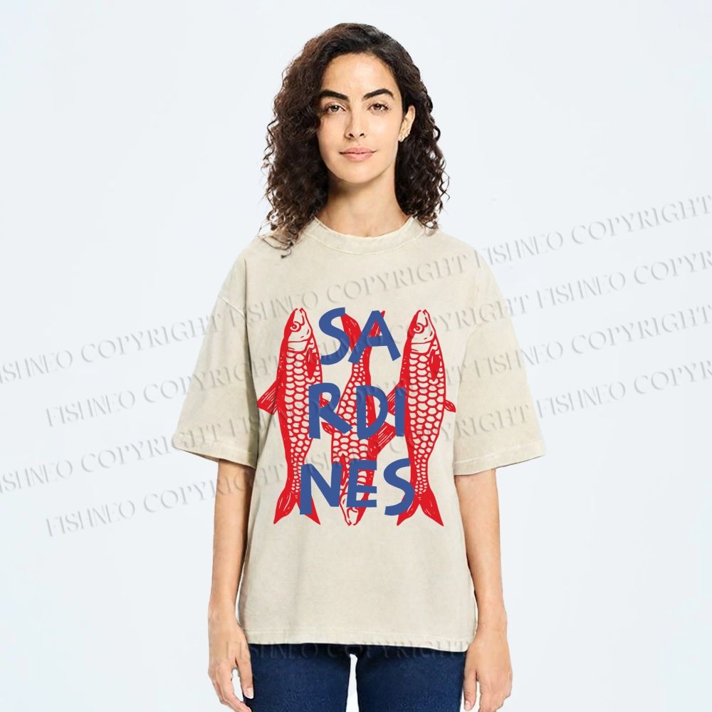 Unisex Vibrant Red Sardines Printed Washed Tee