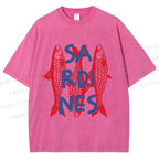 Unisex Vibrant Red Sardines Printed Washed Tee