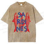 Unisex Vibrant Red Sardines Printed Washed Tee