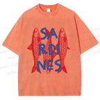 Unisex Vibrant Red Sardines Printed Washed Tee