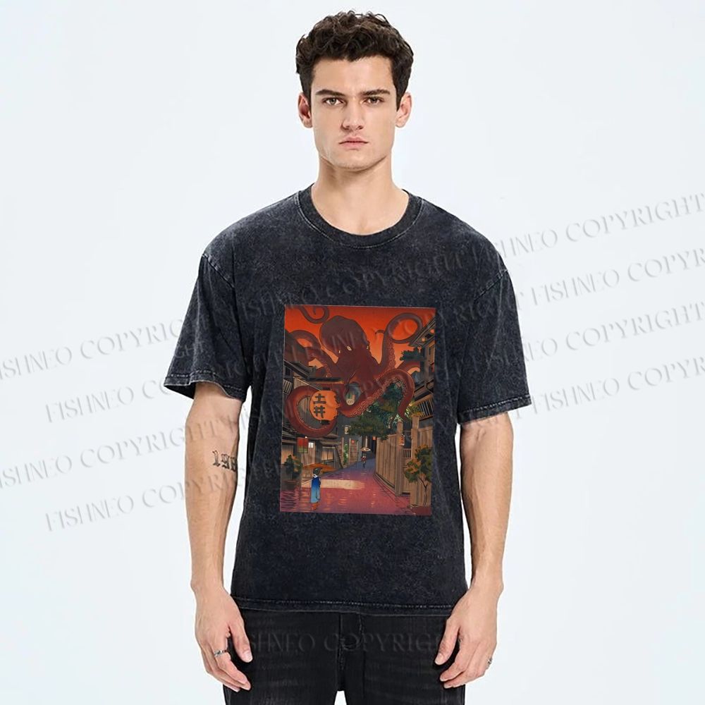 Unisex Monsters Attack The Village Printed Washed Tee