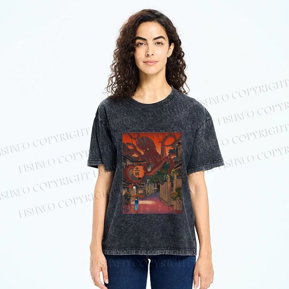 Unisex Monsters Attack The Village Printed Washed Tee