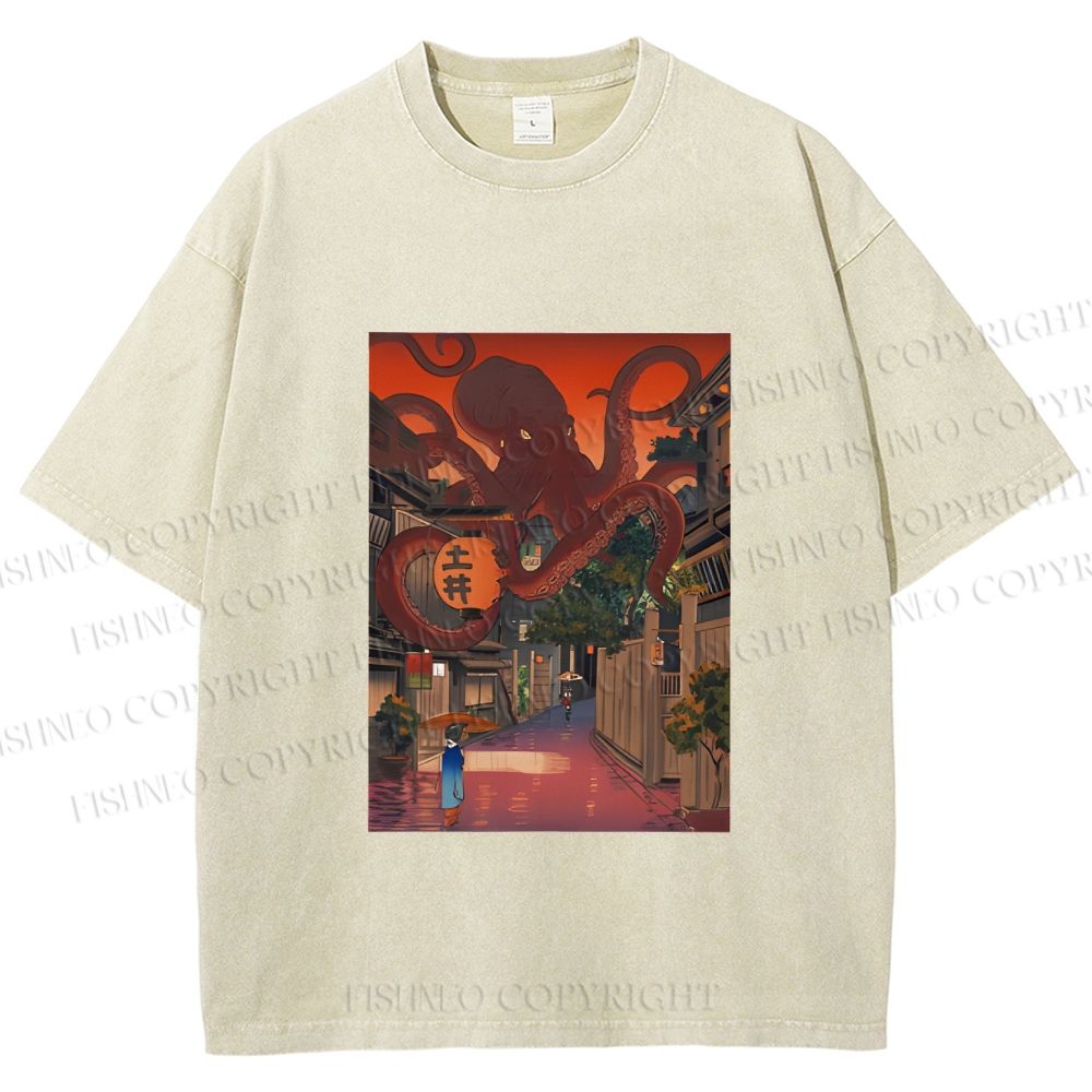 Unisex Monsters Attack The Village Printed Washed Tee