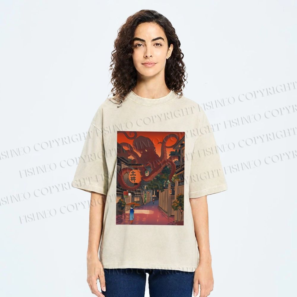 Unisex Monsters Attack The Village Printed Washed Tee