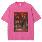 Unisex Monsters Attack The Village Printed Washed Tee