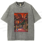 Unisex Monsters Attack The Village Printed Washed Tee