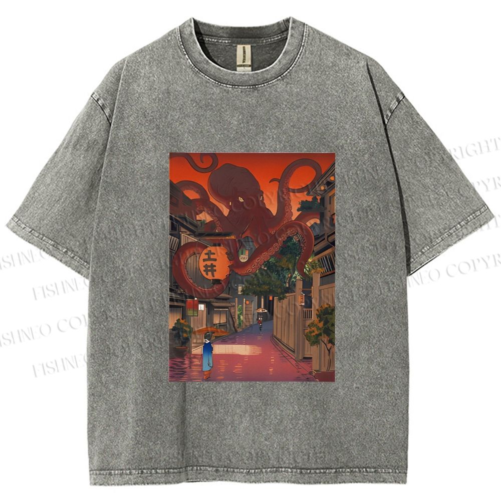 Unisex Monsters Attack The Village Printed Washed Tee