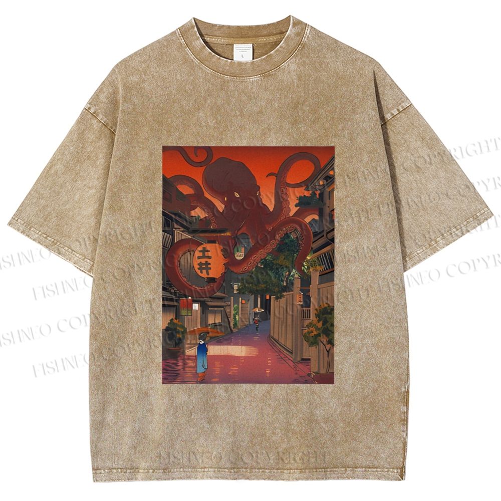 Unisex Monsters Attack The Village Printed Washed Tee