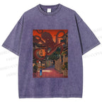 Unisex Monsters Attack The Village Printed Washed Tee