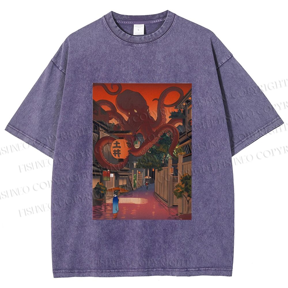 Unisex Monsters Attack The Village Printed Washed Tee