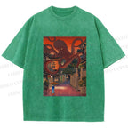 Unisex Monsters Attack The Village Printed Washed Tee
