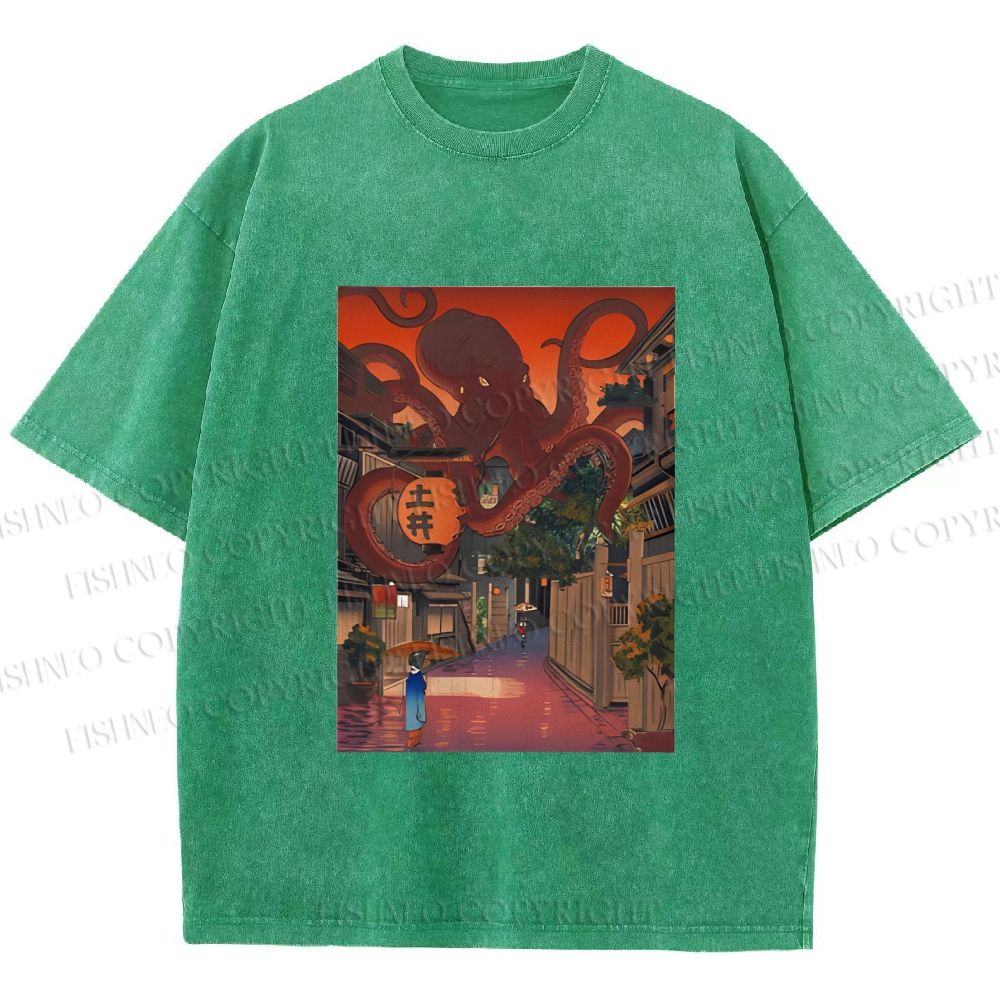Unisex Monsters Attack The Village Printed Washed Tee