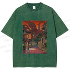Unisex Monsters Attack The Village Printed Washed Tee