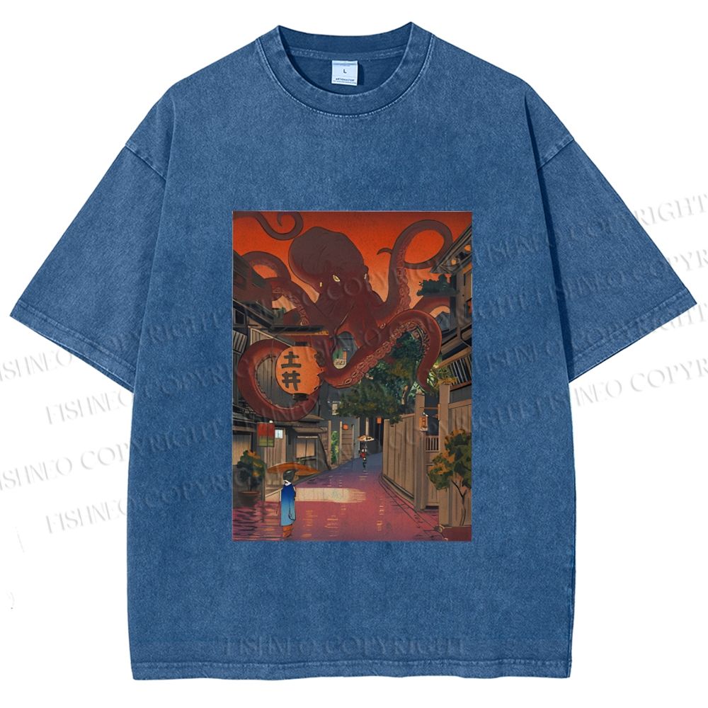 Unisex Monsters Attack The Village Printed Washed Tee