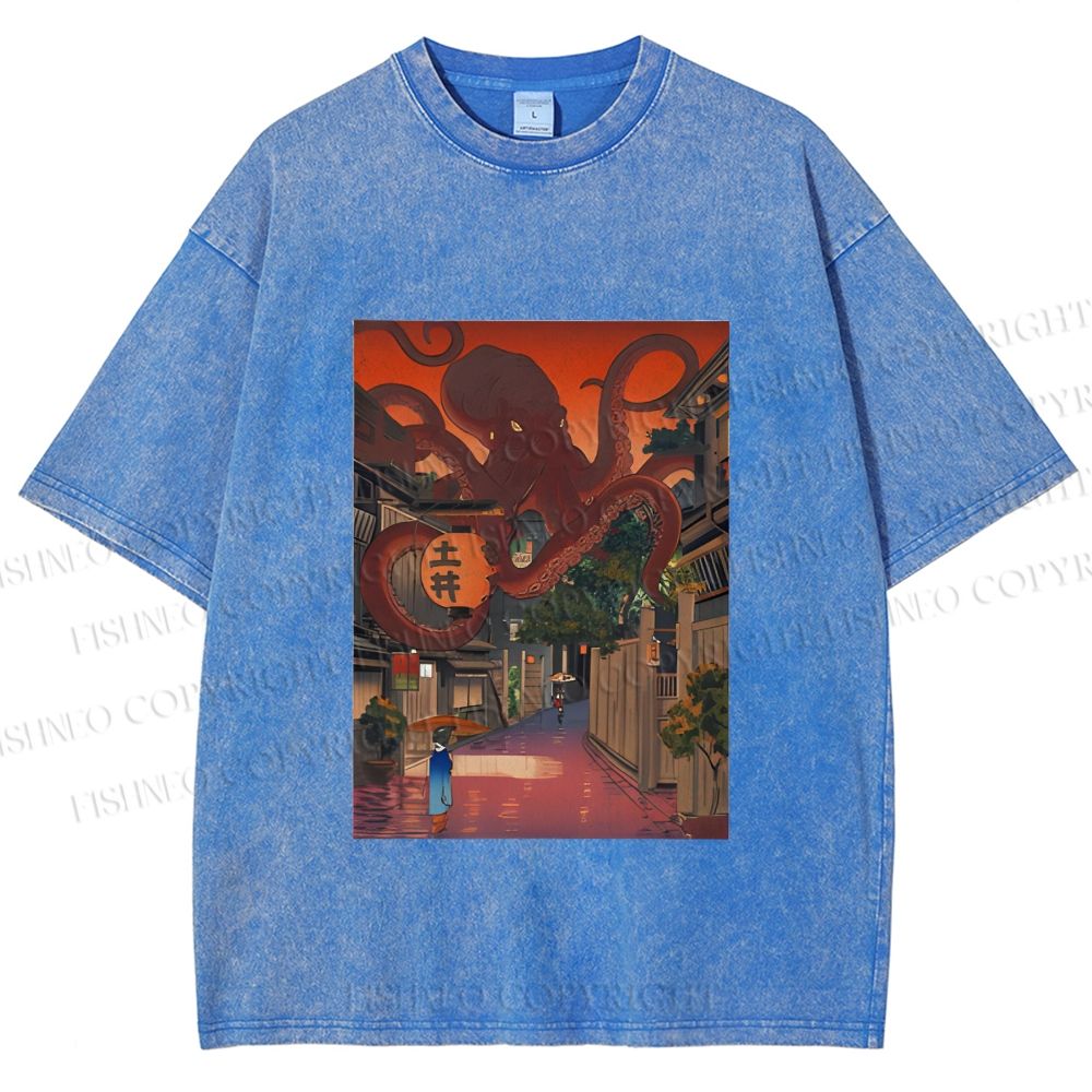 Unisex Monsters Attack The Village Printed Washed Tee