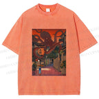 Unisex Monsters Attack The Village Printed Washed Tee