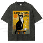 Unisex Japanese Coffee Cat Printed Washed Tee