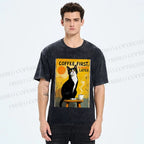Unisex Japanese Coffee Cat Printed Washed Tee