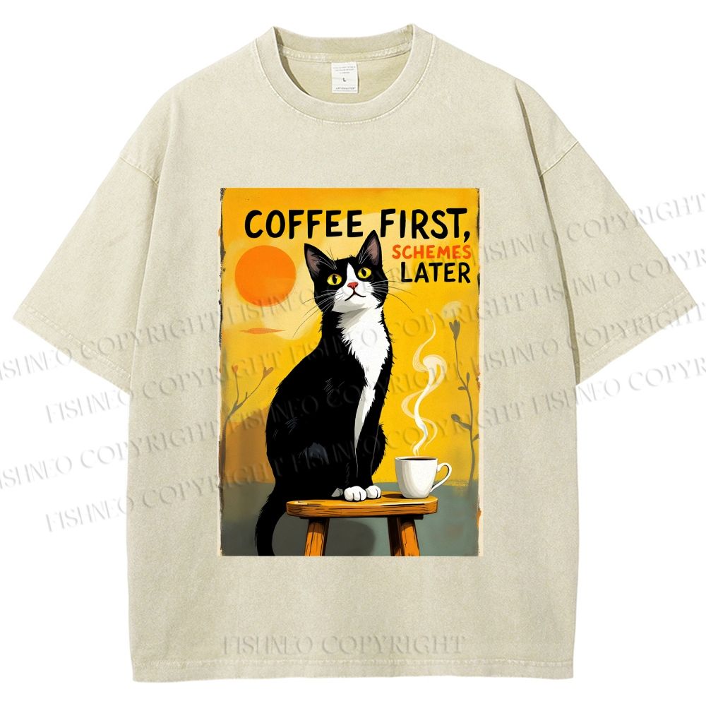 Unisex Japanese Coffee Cat Printed Washed Tee