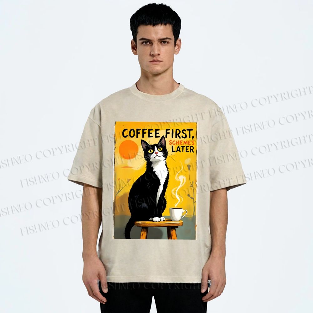 Unisex Japanese Coffee Cat Printed Washed Tee