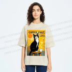 Unisex Japanese Coffee Cat Printed Washed Tee