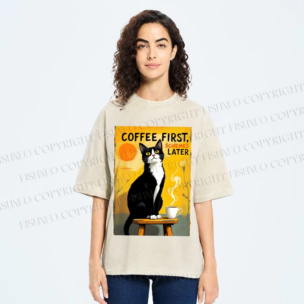 Unisex Japanese Coffee Cat Printed Washed Tee