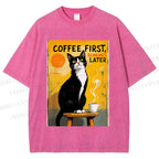 Unisex Japanese Coffee Cat Printed Washed Tee