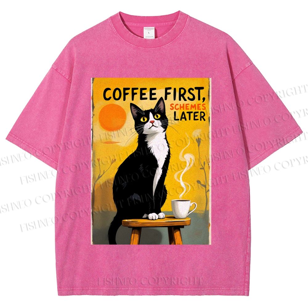 Unisex Japanese Coffee Cat Printed Washed Tee