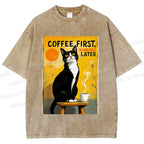 Unisex Japanese Coffee Cat Printed Washed Tee