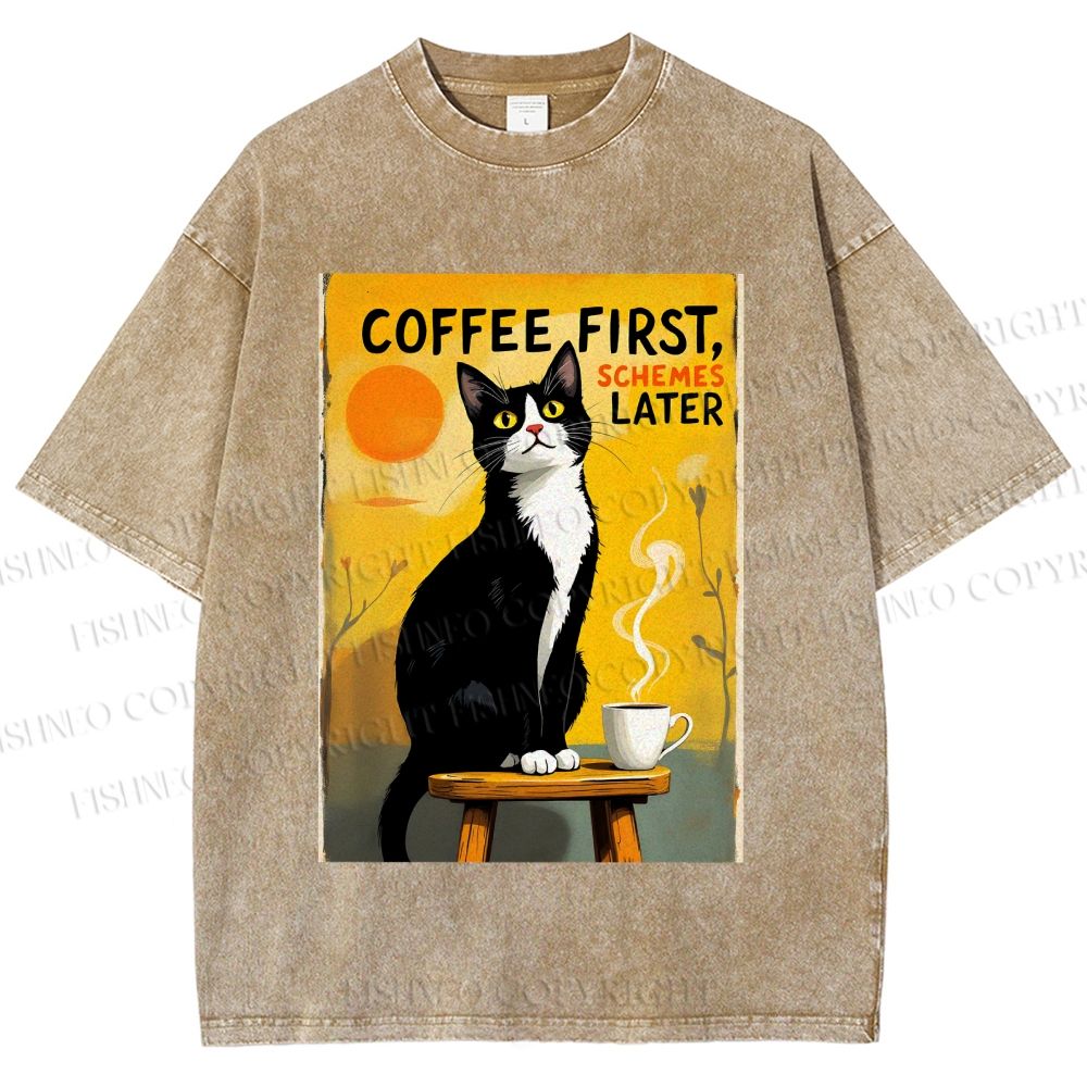 Unisex Japanese Coffee Cat Printed Washed Tee