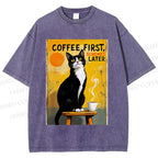 Unisex Japanese Coffee Cat Printed Washed Tee