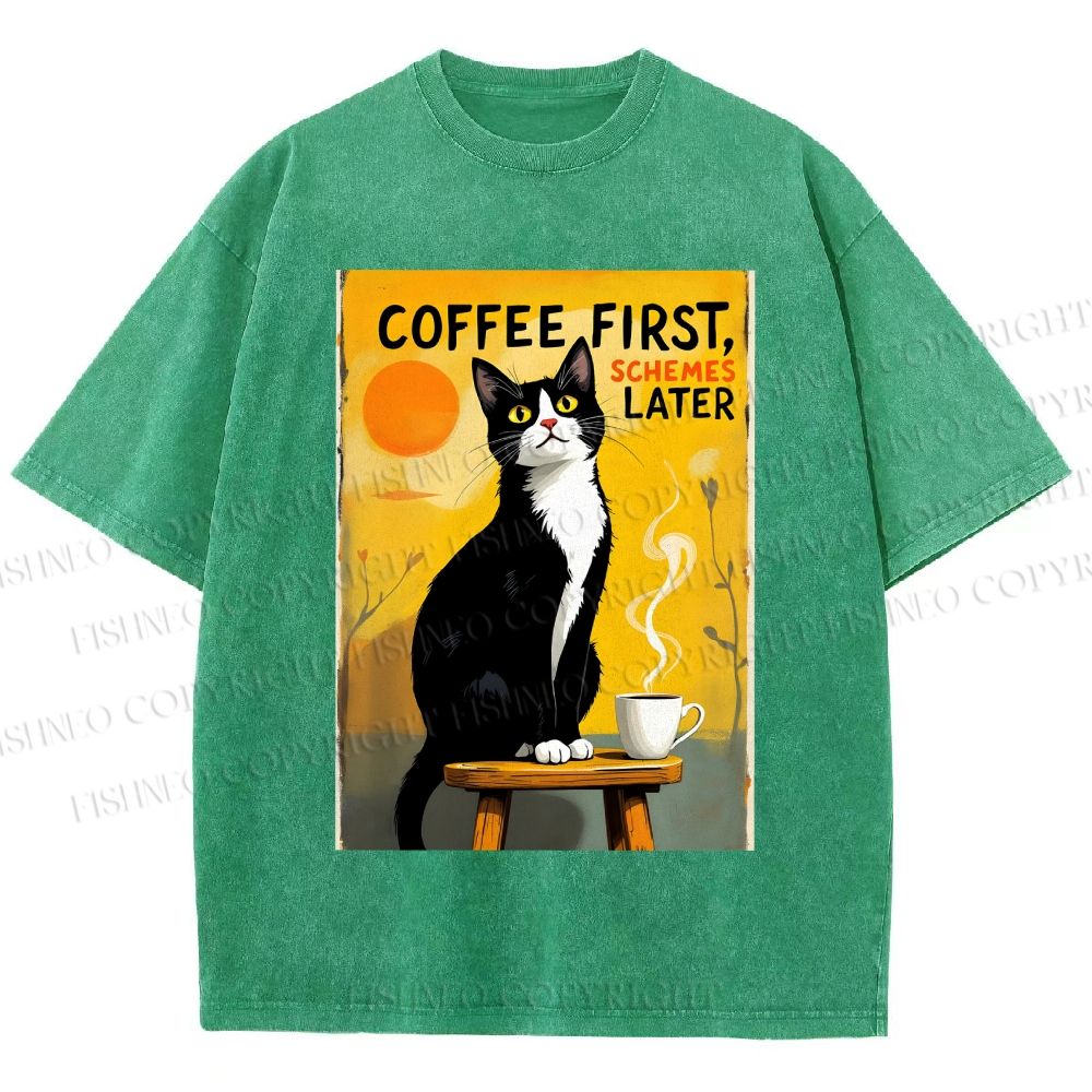 Unisex Japanese Coffee Cat Printed Washed Tee