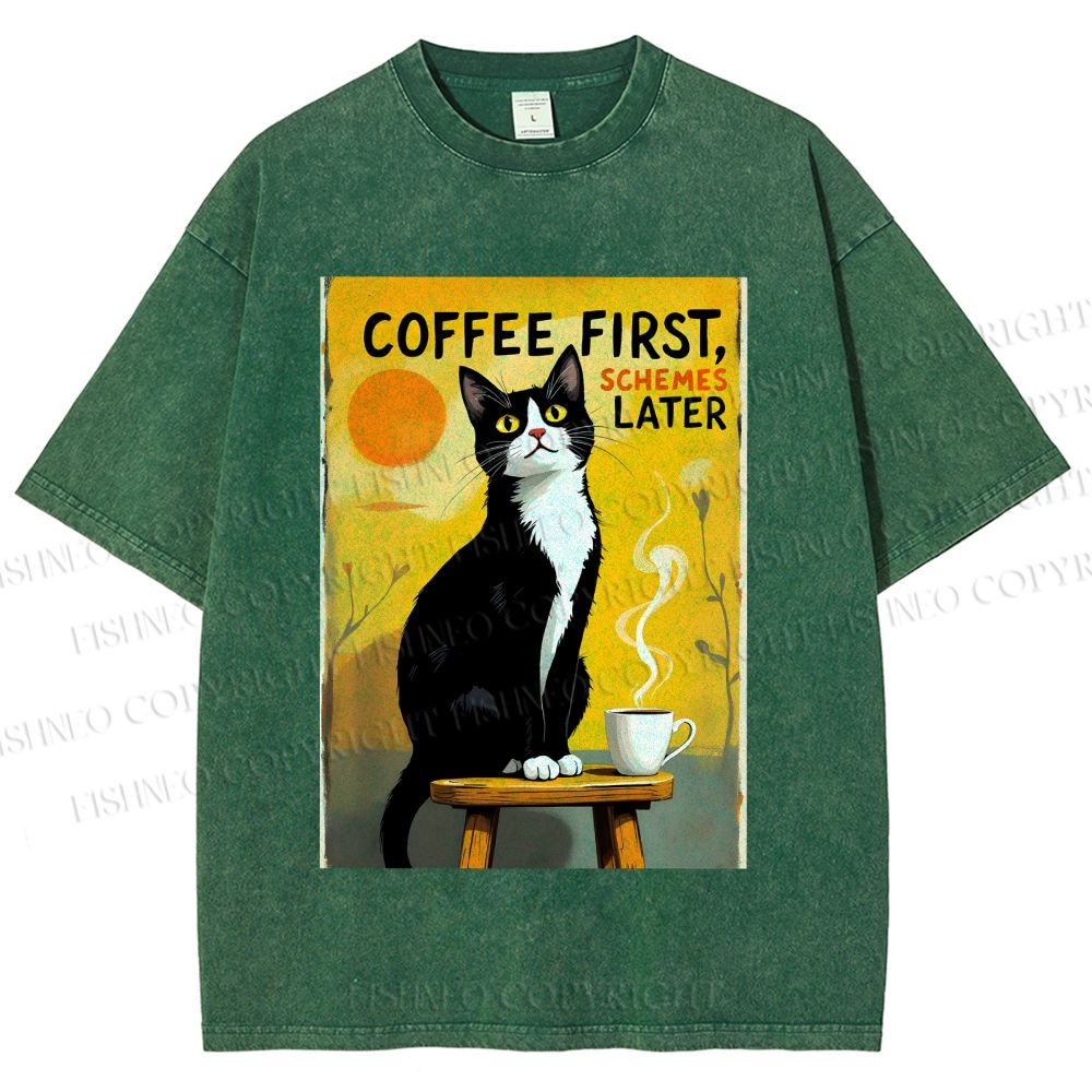 Unisex Japanese Coffee Cat Printed Washed Tee