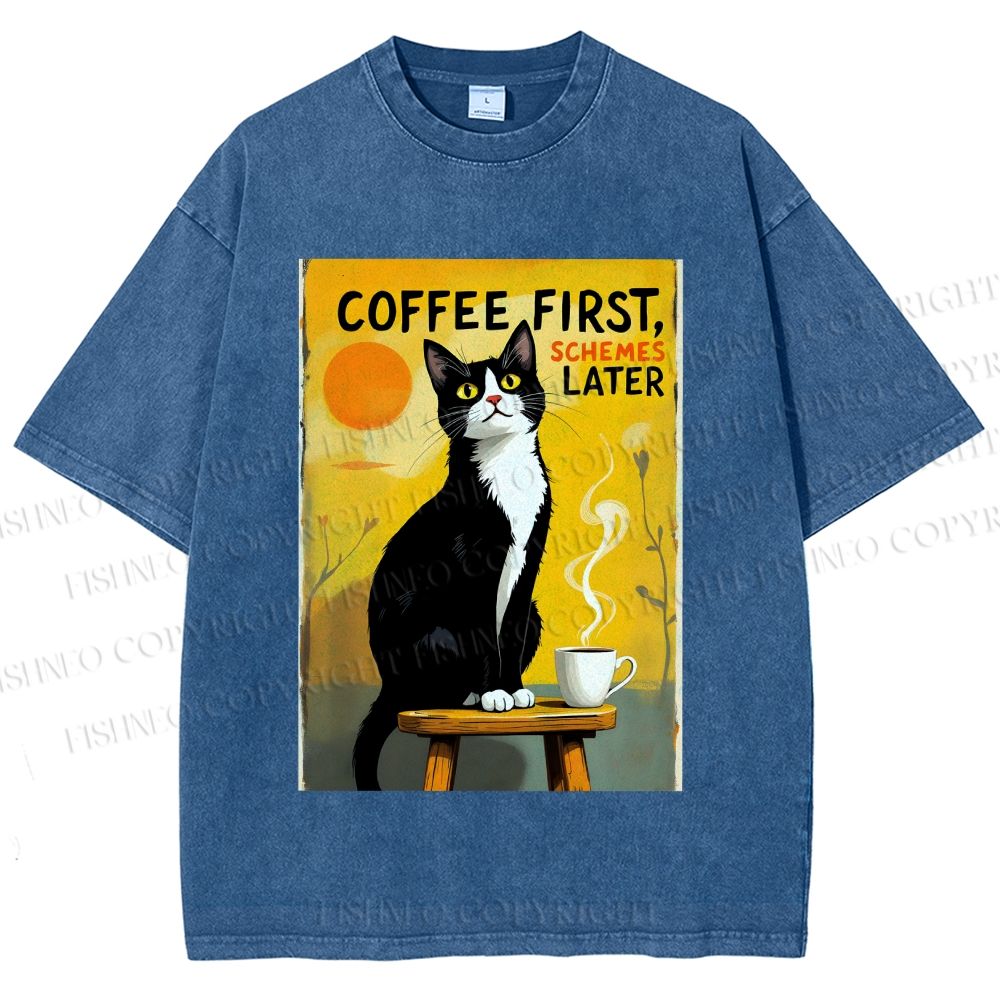 Unisex Japanese Coffee Cat Printed Washed Tee