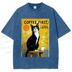 Unisex Japanese Coffee Cat Printed Washed Tee